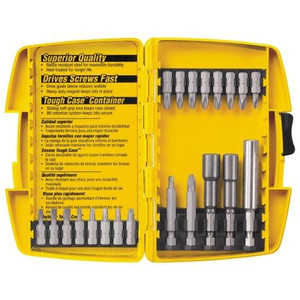 DEWALT Screwdriving Set. 21 pieces. includes #1, #2, #3 Phillips bits, 6,8, 10 slotted bits, #1, #2, #3 sq.recess 1/4", 5/16" nutdrivers, mag bit holder