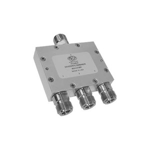MECA 600-1200 MHz three-way power divider. 20 watts. 1.15 typical VSWR. 20dB min. isolation between ports. N-female connectors.