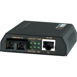 SIGNAMAX 10/100BaseT/TX to 100BaseFX Switching Fiber Optic Media Converter. RJ-45 connector. SC Multimode fiber connection. UL listed.