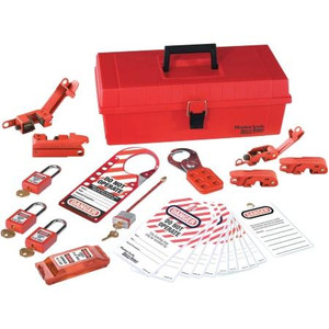MASTER LOCK Electrical Lockout Kit with the most frequently used Lockout devices (3)Padlocks; (1) Circuit Breaker Padlock (1) Hasp; (1)227V breaker lock & more.