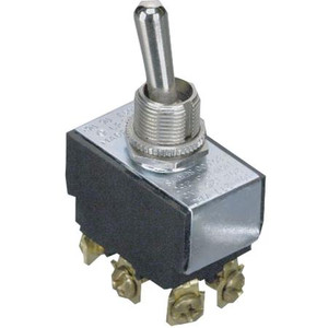 GC heavy duty bat handle DPDT toggle switch. Metal actuator. On-On action. 20a-125VAC, 10a-277VAC, 1/2HP, screw termination, 1/2" mtg hole.