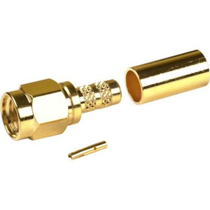 RFI SMA reverse gender crimp connector. Male body, female contact. Gold plated body, Gold center pin. For RG58, 141 and Times LMR195 cables.