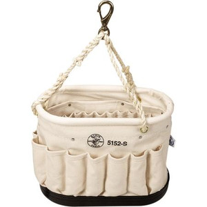 KLEIN oval bucket with 41 pockets. Has 26 pockets inside and 15 pockets outside. Made of heavy No. 6 canvas. 14"L x 8"W x 10"D