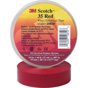 3M Scotch vinyl tape for color coding. Resists UV, use indoors or outdoors where weather protected.Flame retardant. Red. 3/4" x 66'.