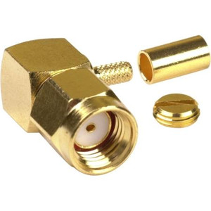 RF INDUSTRIES SMA male right angle connector *REVERSE* POLARITY for RG174 cables. Gold plated body, gold plated pin. Crimp.
