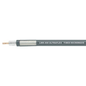 TIMES MICROWAVE LMR400 cable. 3/8" O.D. 50 ohm. Stranded outer conductor, bare copper center conductor. 1" bending radius. Fire Retardant. CMR/MPR