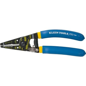KLEIN Multipurpose wire stripper, cutter crimper strips solid and stranded wire 10 to 18 AWG.Spring loaded blue handles. 7-1/8" OAL.