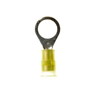 3M Nylon insulated ring terminal for wire sizes 12-10 ga. and 3/8" size stud or screw. Brazed seam. 50 per bottle.