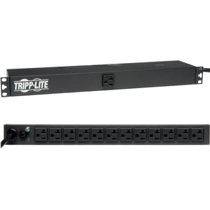 TRIPP LITE Single-Phase Basic PDU, 20A 120V, 1U rackmount, 13 NEMA 5-15/20R outlets and NEMA 5-20P input plug.