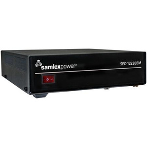 Samlex power supply. 23 amps continuous, 25 amps ICS. 120 VAC input 13.8 VDC +/- .05V output. Includes battery backup option.