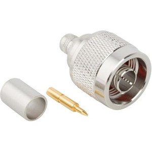 AMPHENOL CONNEX N male connector for RG6 cable. Nickel plated body, gold pin. Captive center pin, crimp on braid. 100 Pack.