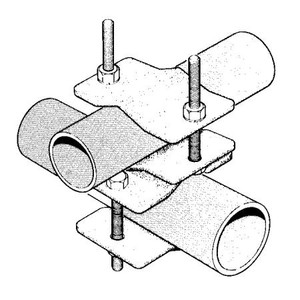 SINCLAIR 90 degree pipe to pipe clamp. Intersects a 1.5" - 3.0" pipe to a 2.88" - 4" pipe. Single unit. Carbon steel, hot dip galvanized.