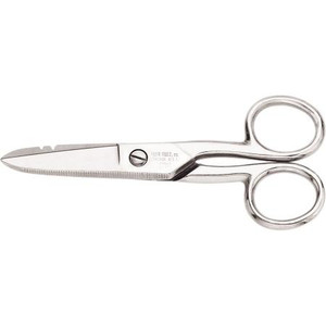 KLEIN Electricians' scissors with strip notches and serrated lower blade. Rounded points. 5" long .