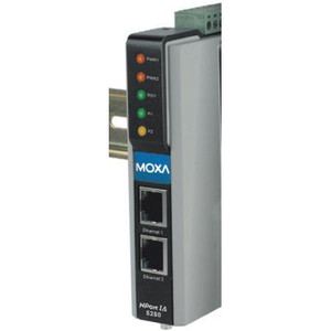 MOXA 2-port RS-232/422/485 serial device server, 10/100MBaseT(X) (RJ45), 0 to 55C temperature range.