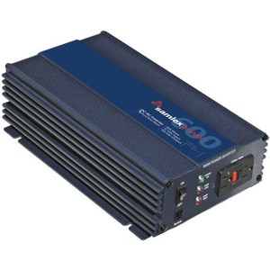 SAMLEX DC to AC power inverter. 600W continuous, 1000W intermittent. Pure sine wave. Continuous fan. Two AC outlets. Tubular screw down terminals.