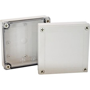 BUD INDUSTRIES 5.11"L x 3.15"W x 1.37"D NEMA 4X box made of gray polycarbonate, rated IP67.