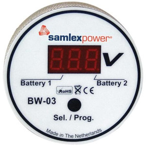 SAMLEX Battery Watch battery monitor. Microprocessor controlled with under and overvoltage alarm. 7-32 Vdc systems. 8 programmable voltage thresholds.