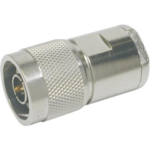 TIMES N male connector for LMR-400 coaxial cable. Solder center pin, clamp on braid.