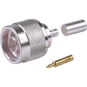 RF INDUSTRIES N male connector for RG55, RG223, RG142, Belden 8219 & 9907 cable. Silver plated body, gold pin. Crimp center pin, crimp on braid.