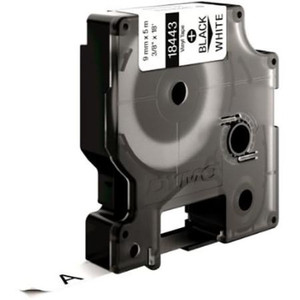 DYMO 3/8" x 18' Black and white label tape cartridge. Labels are for indoor and outdoor use.
