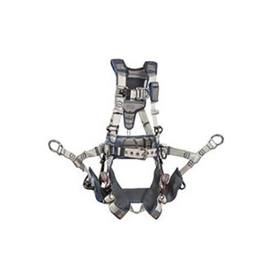 CAPITAL SAFETY ExoFit STRATA medium tower climbing harness with aluminum back, front, and side D-rings. Includes a removable seat sling.