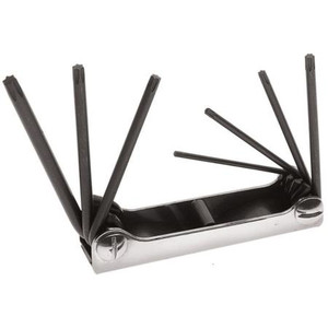KLEIN TOOLS Folding TORX Set: T10, T15, T20, T25, T27, T30, T40. Keys are tough, heat-treated chrome-nickel alloy steel for strength and durability.