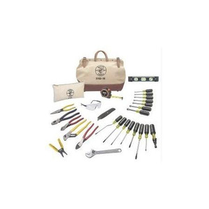 KLEIN TOOLS 28 piece tool set. Includes various pliers, wrenches, and screwdrivers. Also includes knife, tape measure, and safety glasses.