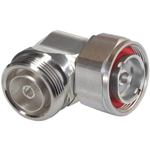 RF Industries 7/16 DIN male to 7/16 DIN female right angle adapter. Low PIM -155 dBc, 5.5GHz, 1.10 VSWR, trimetal plated, SS coupling nut, non-magnetic.