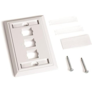 COMMSCOPE L Type Flush-Mounted Faceplate with 3 ports, white. High impact, flame retardant, UL-rated 94, V-0, thermoplastic.