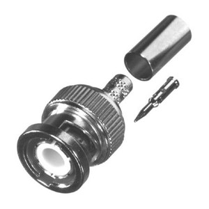 RF INDUSTRIES BNC male connector for RG174, (small ferrule), nickle plated body, gold center pin, crimp on. Use RFA-4089 subminiature crimper for pin.