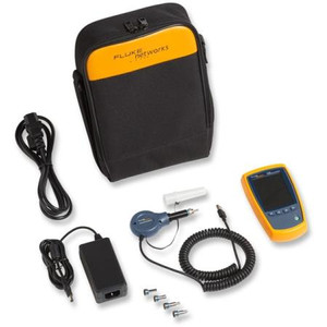 FLUKE NETWORKS FiberInspector Micro. Includes probe, display, 4 UPC tips, case, rechargeable batteries, & universal power adapter.