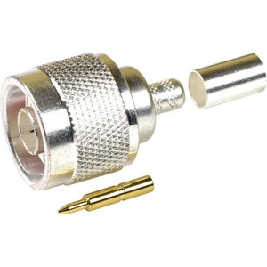 RF INDUSTRIES N male crimp connector for 75 Ohm RG59. Silver plated body, gold plated center pin. Teflon dielectric. 50 Ohm connector for 75 Ohm cable.