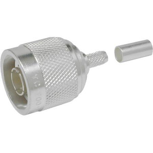 TIMES MICROWAVE N male crimp connector for LMR-200 coaxial cable. Tri-metal plated body. Center Pin Solder