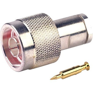 RF INDUSTRIES N male connector for RG58/U, RG58A/U, RG141 and Ultralink cable. Silver plated body, gold pin. Solder center pin, clamp on braid.