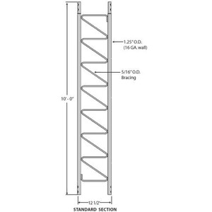 ROHN 25G general purpose communication tower section. 10' length. 1-1/4" steel tubing. Triangular design with 12.5"face Zig-zag cross brace. Hot dip galvanized.