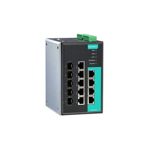 MOXA Industrial full Gigabit managed switch. 4 10/100/1000BaseT(X), 5 10/100/1000Base(TX) or 1000BaseSFP slot combo ports. -40 to 75C wide temp.