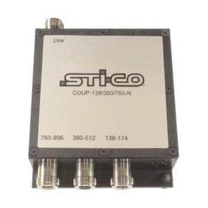 STI-CO Tri-band coupler. Frequency ranges 138-174, 380-512, 760-896 MHz. 150W power rating. Military grade enclosure, N type connectors.