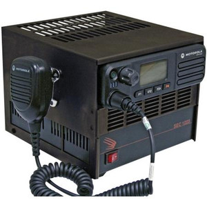 SAMLEX switching power supply with radio cover for Motorola TURBO XPR-5000. 120/240 VAC input. UL approved. 10A continuous, 14A intermittent.