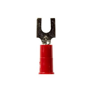 3M vinyl insulated block spade crimp lug for wire sizes 22-18 ga. and #8 size stud or screw. Butted seam. 25 per pack