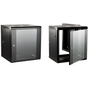 BUD INDUSTRIES 38"H 19U wall mount wall mount cabinet, Emperor Series. Hinged back door w/ wall mounts, Hinged clear front door,2 fans installed. Black