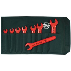 WIHA 8 PC Insulated wrench set includes open face wrench sizes 5/16, 3/8, 7/16, 1/2, 9/16, 5/8, 11/16, 3/4. In a roll up pouch.