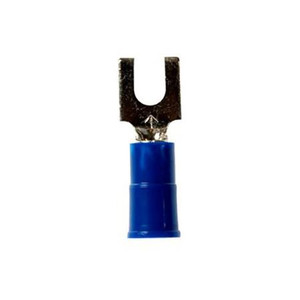 3M vinyl insulated block spade crimp lug for wire sizes 16-14 ga. and #8 size stud or screw. Butted seam. 25 per pack