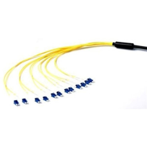 Commscope bend insensitive singlemode fiber LC to LC, 12 fiber cable assembly with pulling grip and black jacket. 50 Meters in length.