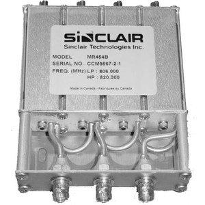 SINCLAIR 806-960 MHz Mobile Duplexer. Notch (reject) type. Four cavity. 45 MHz separation. N Female connectors. *Specify Tx and Rx Frequencies.