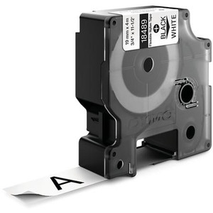 DYMO 3/4" x 11-1/2' Black and white label tape cartridge for indoor use. Tape can withstand temperatures between -.4 and 248 degrees Fahrenheit.