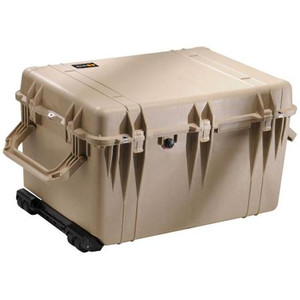 PELICAN wheeled equipment cases. Water & airtight to 30' w/neoprene o-ring seal. Fold down & retractable handle. I.D.: 29-1/8"Lx20-11/16"Wx17-5/8"D.
