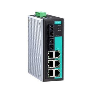 MOXA Industrial unmanaged Ethernet switch with 6x 10/100BaseT ports, 2x Single Mode 100BaseFX, SC connector. -40 to 75C wide temperature range.