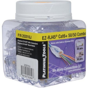 PLATINUM TOOLS EZ-RJ45 Connector and Strain Relief Combo kit. For use with Cat 6+ cables.