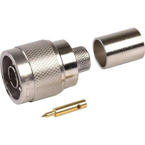 TIMES N male connector for LMR-400 coaxial cable. Solder center pin, crimp on braid. .
