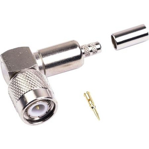 RF INDUSTRIES TNC male right angle connector for RG58 . Nickle plated body, gold plated center pin, teflon dielectric. Crimp style. .213 ferrule,